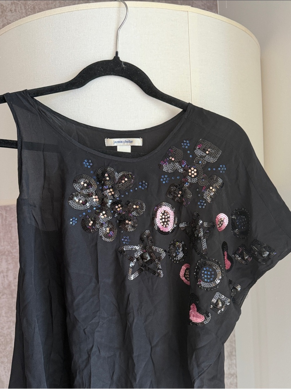 Black Sequin Floral-Embellished Tunic Top